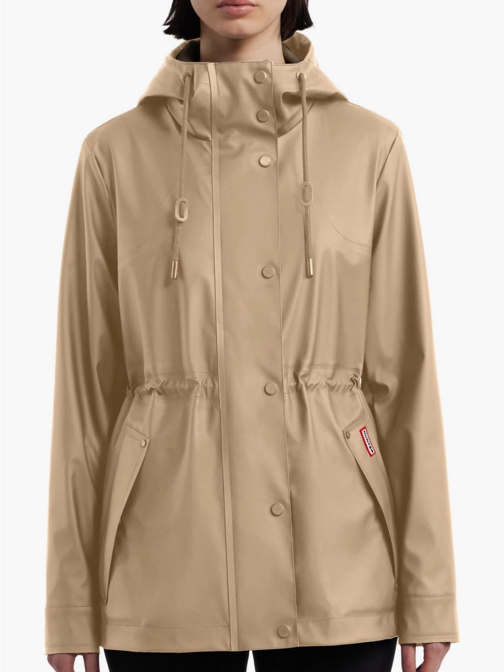 Hunter Beige Hooded Raincoat with Drawcord Waist
